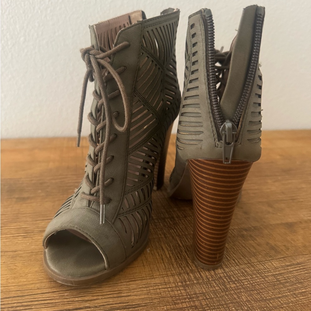 Mix No. 6 Olive Cutout Lace-Up Peep Toe Booties